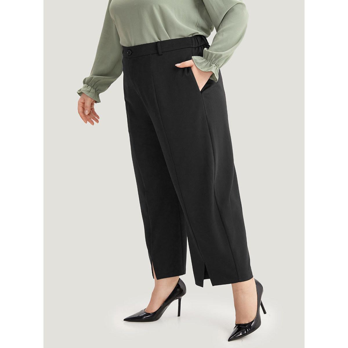 Plus Size Plain Split Front Pleated Pants Women Black At the Office Straight Leg High Rise Work Pants BloomChic 18-20/2X Product Image