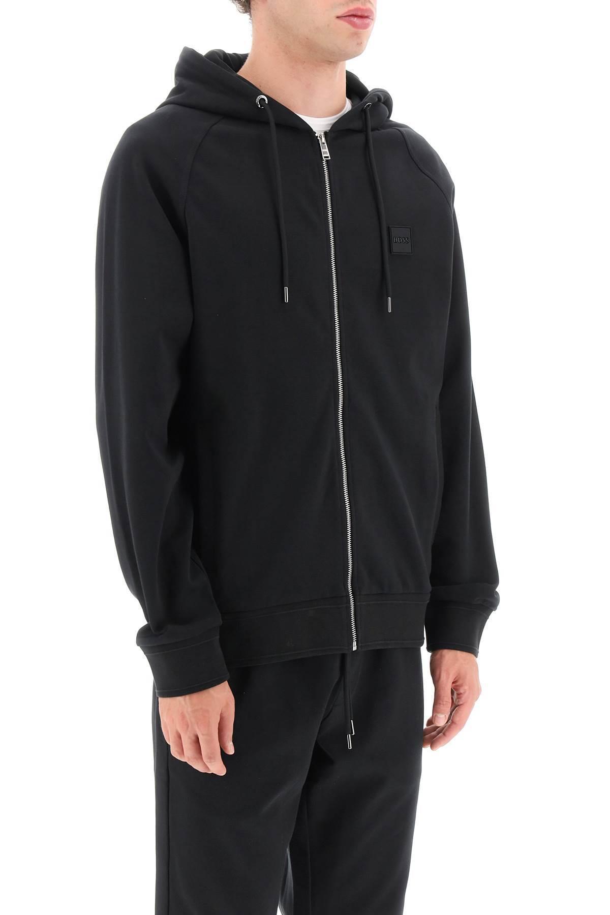 HUGO BOSS Logo-patch Zipped Drawstring Hoodie In Black Product Image