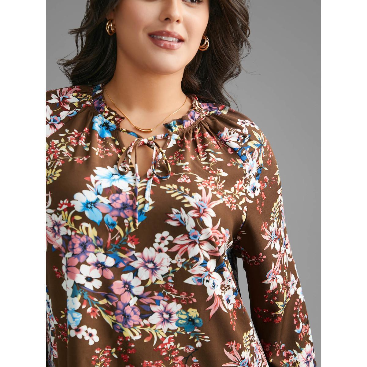 Plus Size Browncoffeecolor Floral Tie Knot Flutter Sleeve Blouse Women Elegant Long Sleeve V-neck Everyday Blouses BloomChic 26/4X Product Image