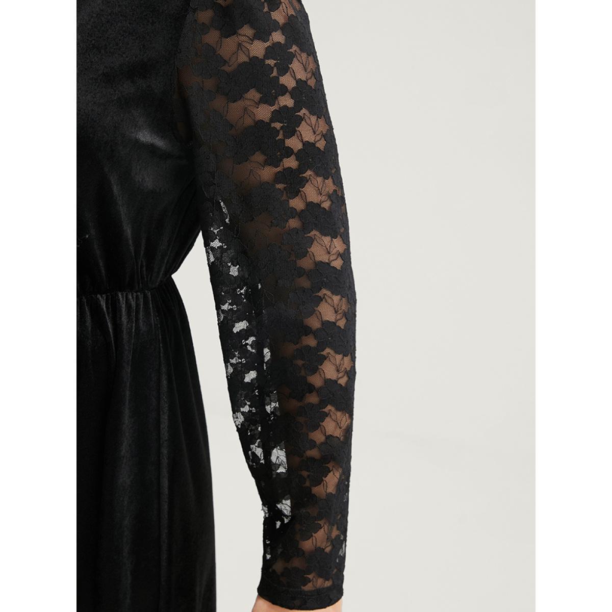 Plus Size Solid Wrap Contrast Lace Velvet Midi Dress Black Women Party Patchwork V-neck Long Sleeve Curvy Midi Dress BloomChic 18-20/2X Product Image