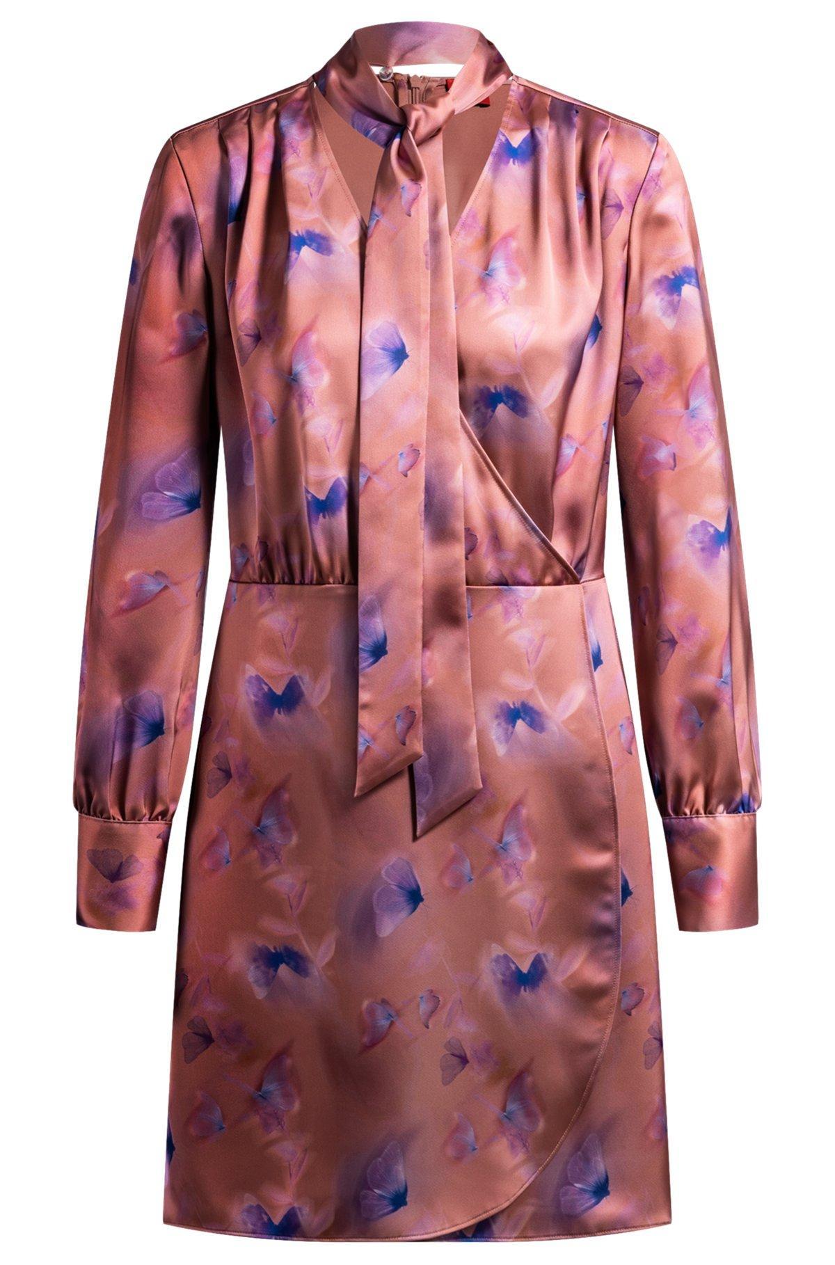Wrap-front dress with butterfly print and button cuffs Product Image