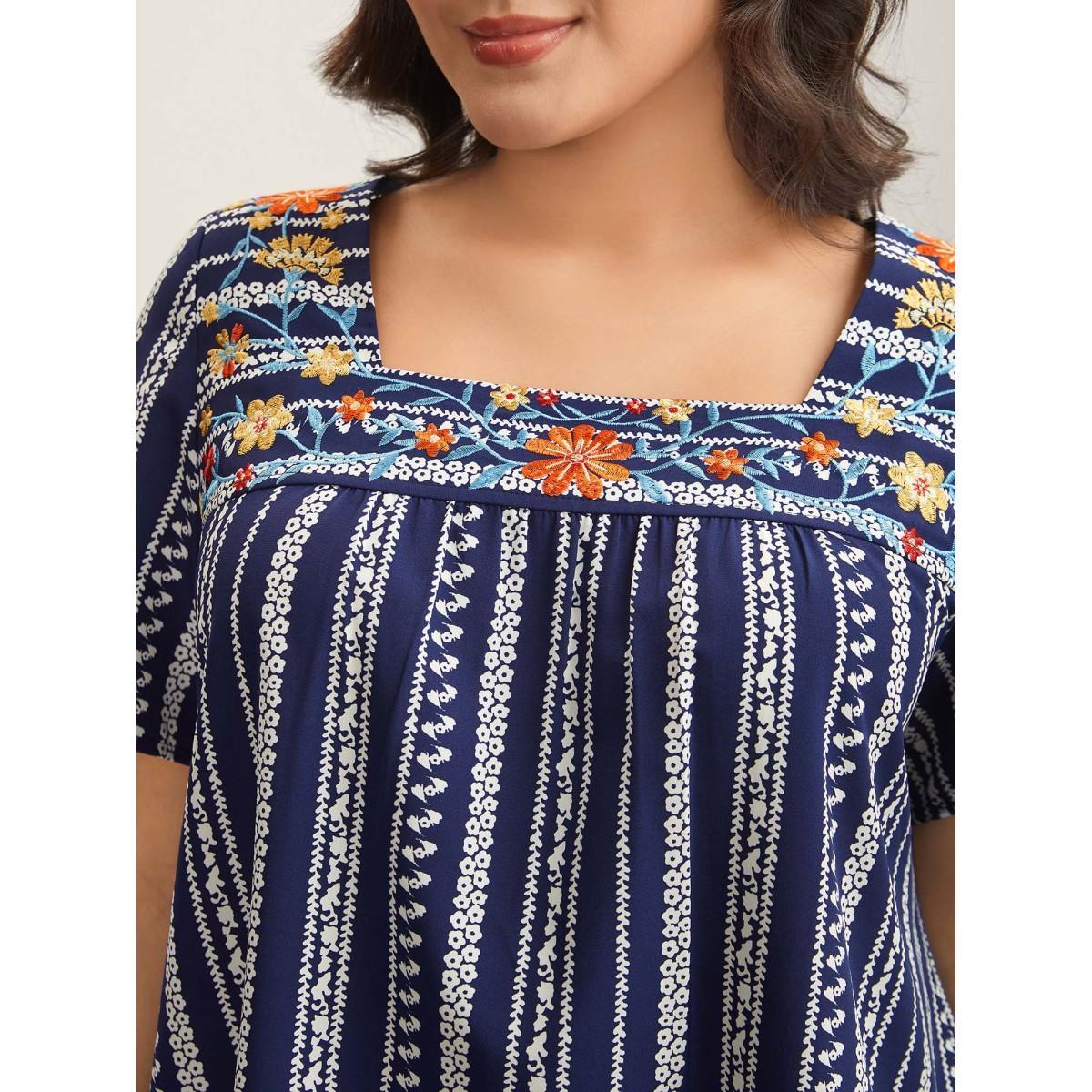 Plus Size DarkBlue Embroidered Striped Print Square Neck Blouse Women Short sleeve Square Neck Everyday-Elegant Blouses BloomChic 14-16/1X Product Image