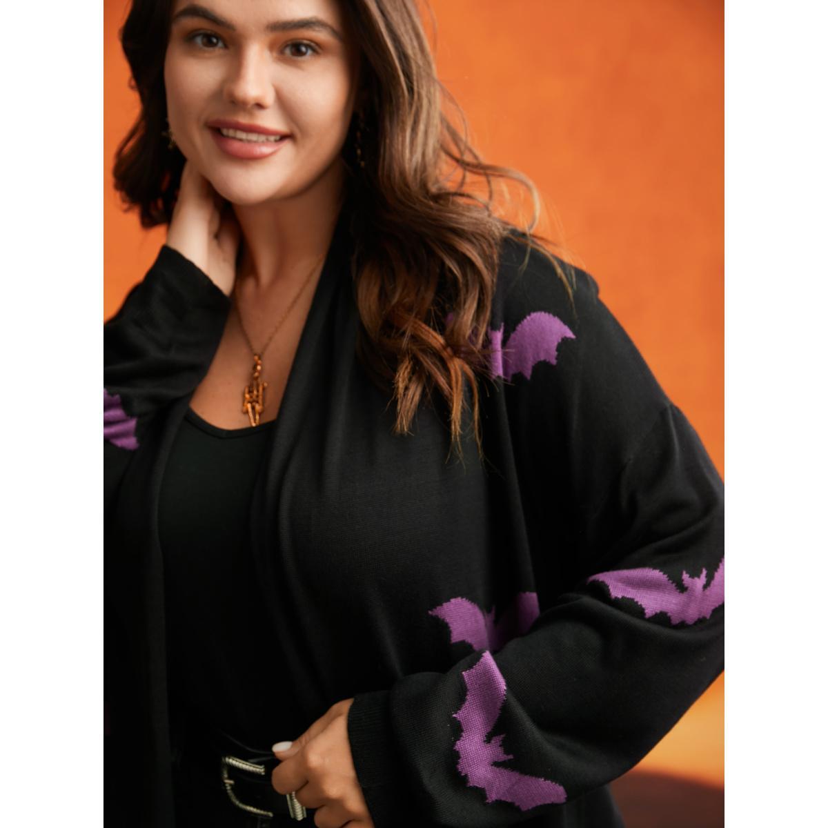 Plus Size Supersoft Essentials Halloween Bat Pattern Lapel Collar Cardigan Black Women Casual Loose Long Sleeve Festival-Halloween Cardigans BloomChic 22-24/3X Product Image