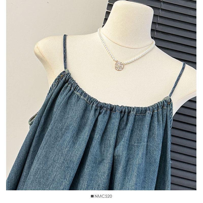 Set: Tie-Back Asymmetrical Denim Top + High-Waist Denim Wide Shorts Product Image