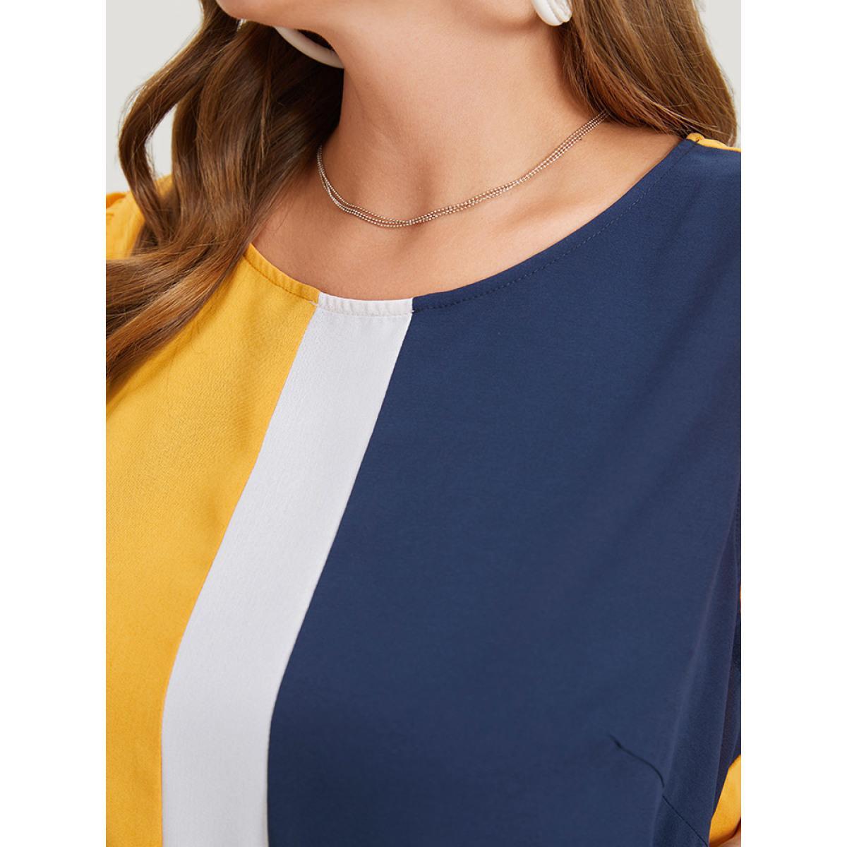 Plus Size Contrast Patchwork Pocket Ruffle Cap Sleeve Dress Multicolor Women Office Contrast Round Neck Cap Sleeve Curvy Knee Dress BloomChic 12/L Product Image