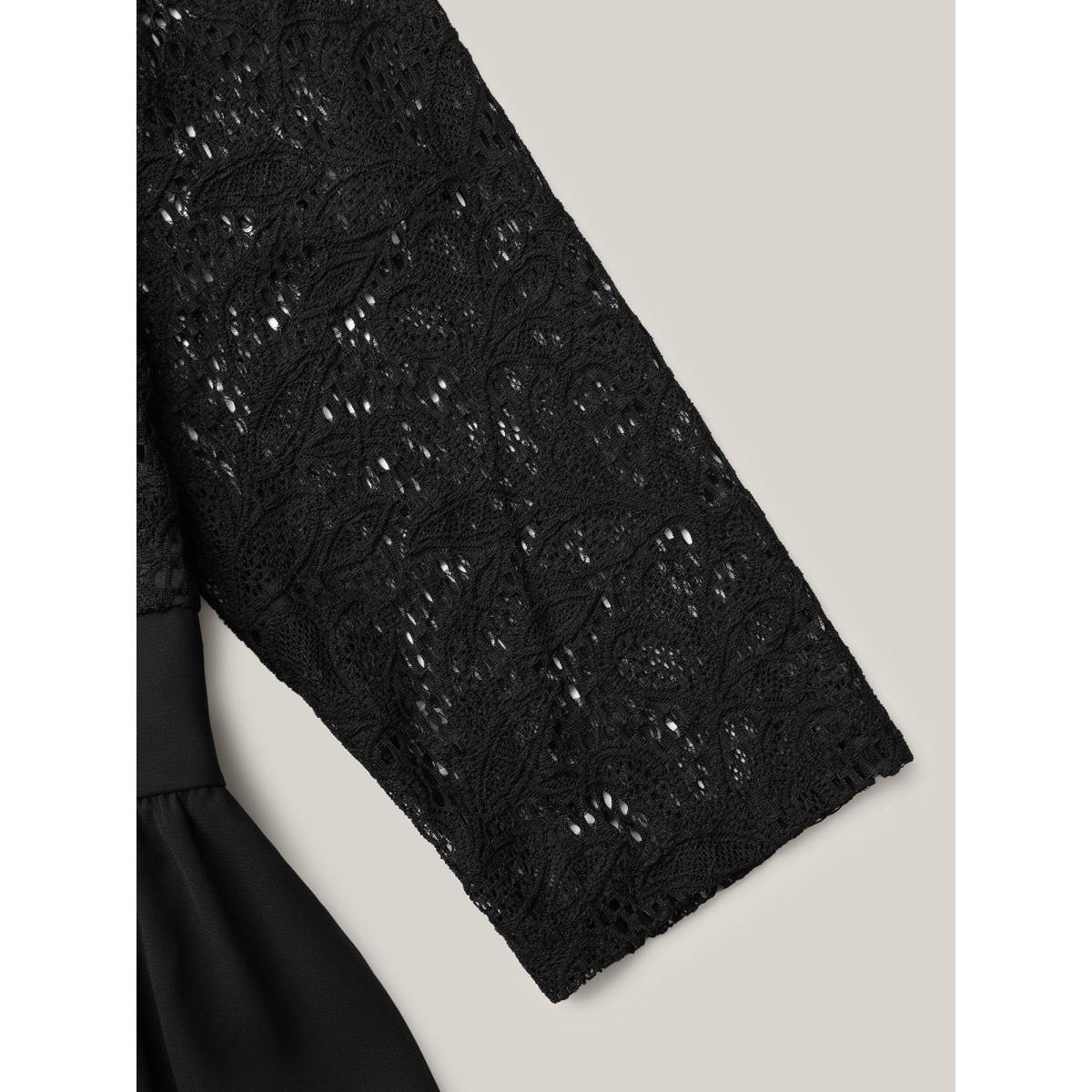 Plus Size Lace Patchwork Shirred Midi Pocket Dress Black Women Cocktail Woven ribbon&lace trim Round Neck Elbow-length sleeve Curvy BloomChic 22-24/3X Product Image