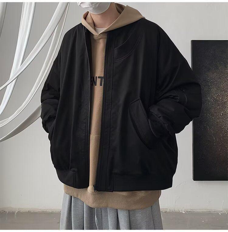 Stand Collar Plain Zip Bomber Jacket Product Image