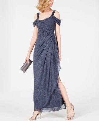 Alex Evenings Glitter Mesh Cowl Neck Cold Shoulder Cap Sleeve Side Slit Ruched Gown Product Image