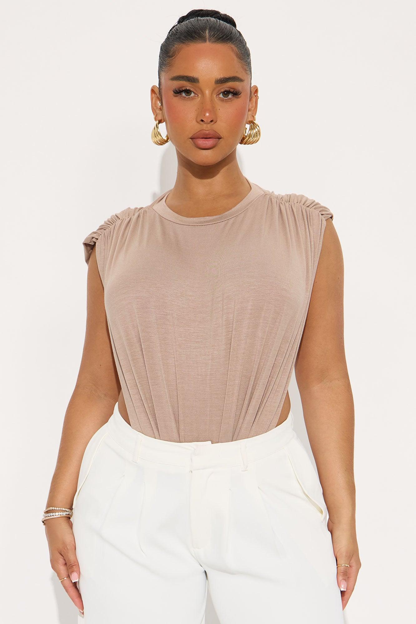 Open Concept Ruched Sleeveless Bodysuit - Stone Product Image