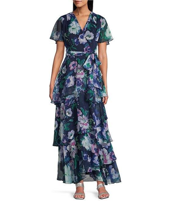 Ignite Evenings Short Sleeve Tiered Faux Wrap Floral Chiffon Maxi Dress Product Image