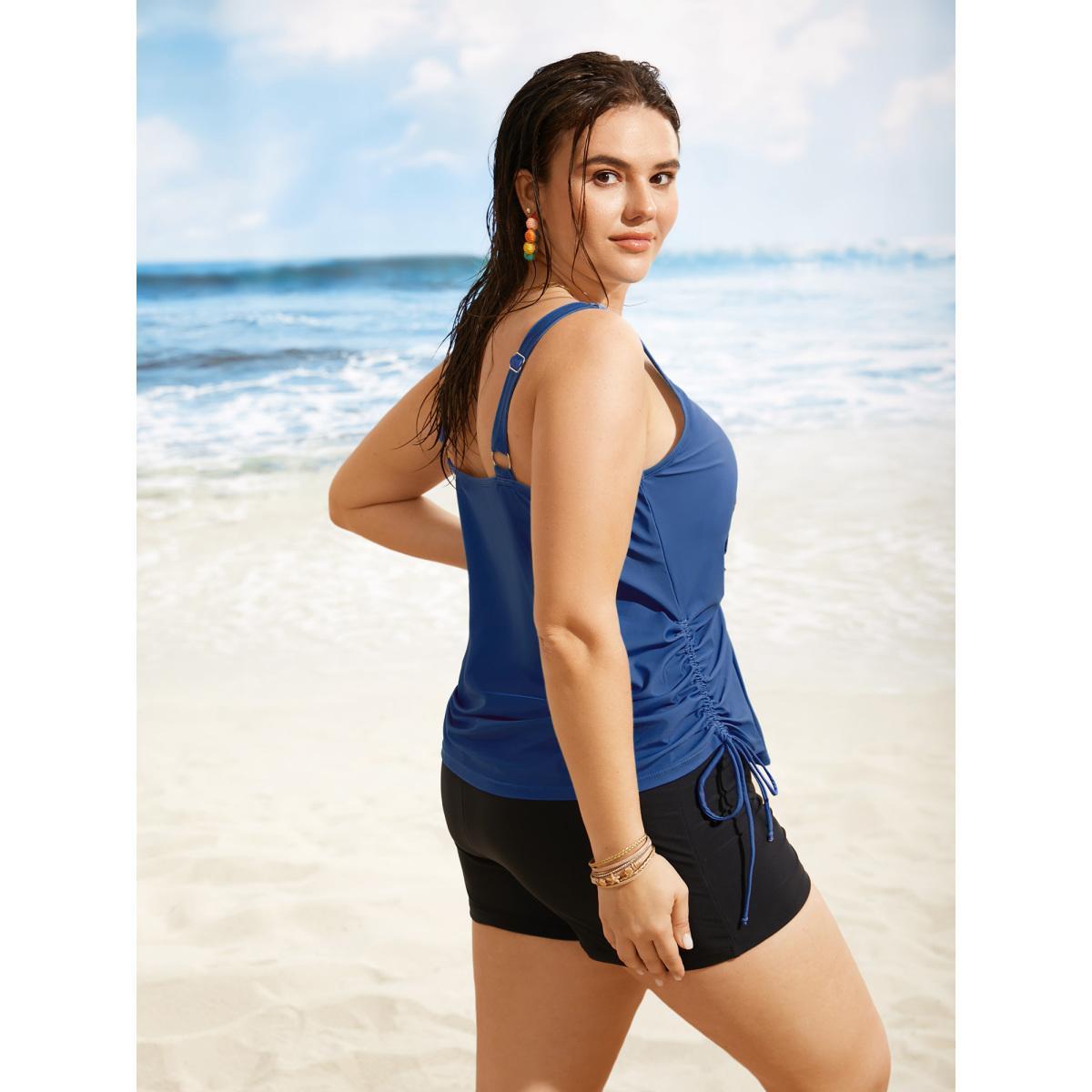 Plus Size Island Print Drawstring Adjustable Swim Top Women's Swimwear Indigo Beach Contrast High stretch Loose U-neck Curve Swim Tops BloomChic 26/4X Product Image