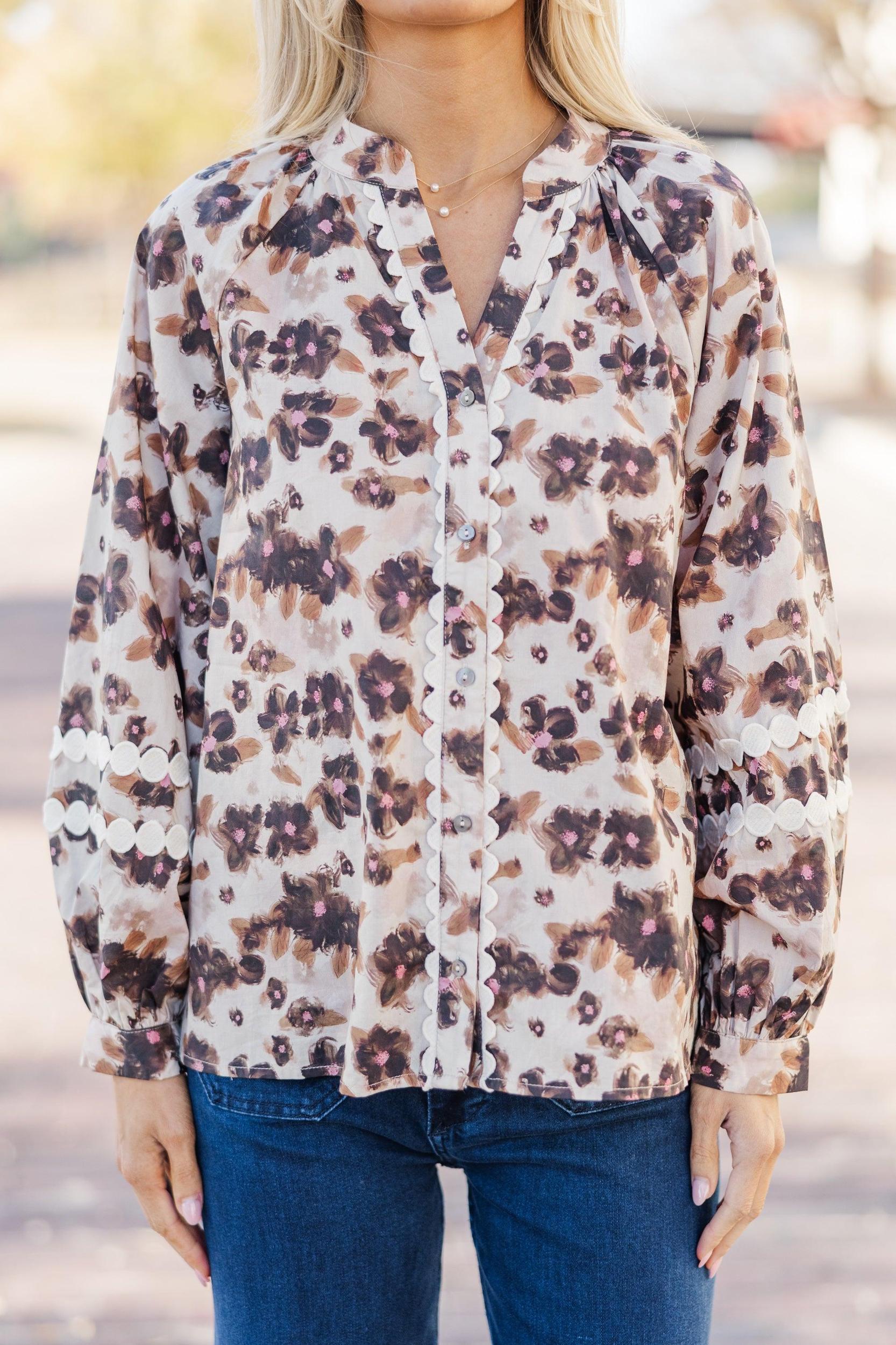 Just Dreaming Taupe Brown Floral Blouse Female Product Image