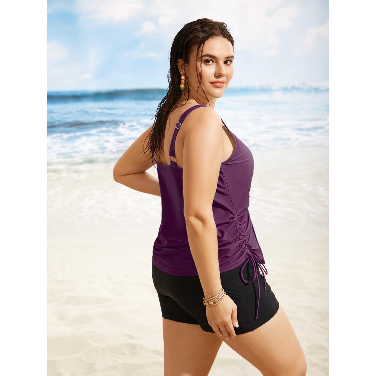 Plus Size Island Print Drawstring Adjustable Swim Top Women's Swimwear Eggplant Beach Contrast High stretch Loose U-neck Curve Swim Tops BloomChic 14-16/1X Product Image