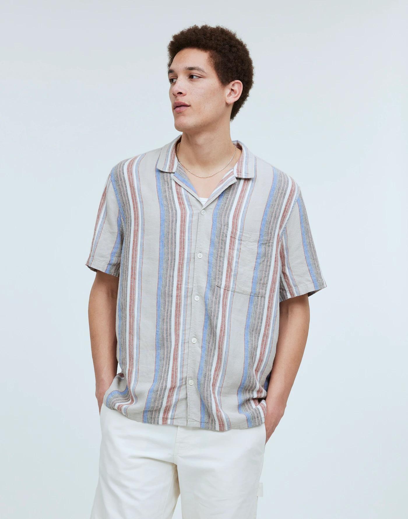 Easy Short-Sleeve Shirt in Stripe Linen Product Image