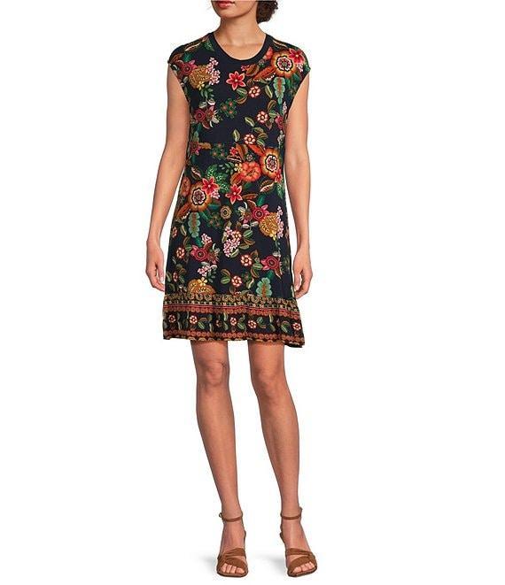 JOHNNY WAS Janie Favorite Floral Print Knit Jersey Crew Neck Sleeveless Tiered Hem A-Line Dress Product Image