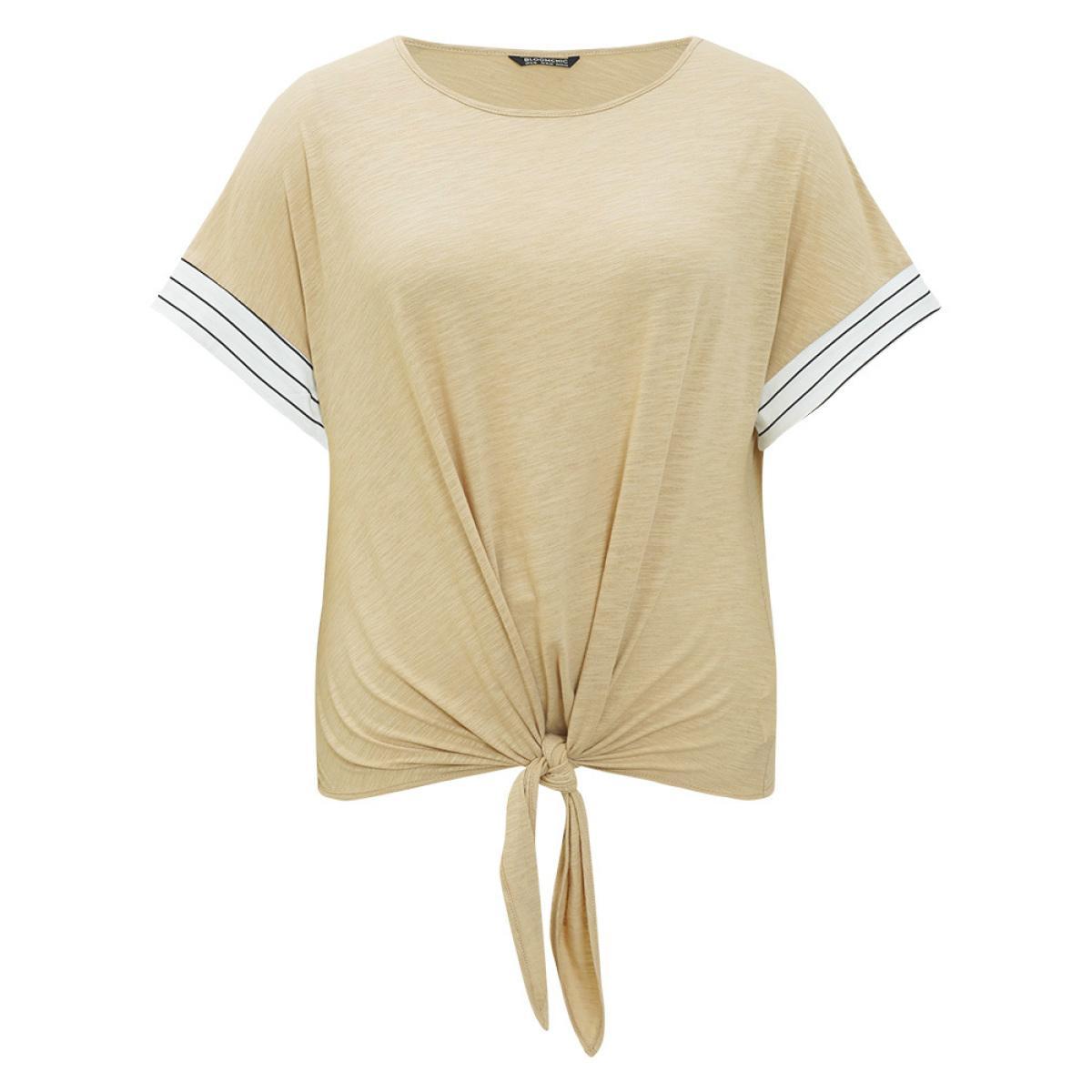 Plus Size Striped Patchwork Knotted Hem Heather T-shirt LightBrown Women Casual Heather Striped Round Neck Dailywear T-shirts BloomChic 30/6X Product Image