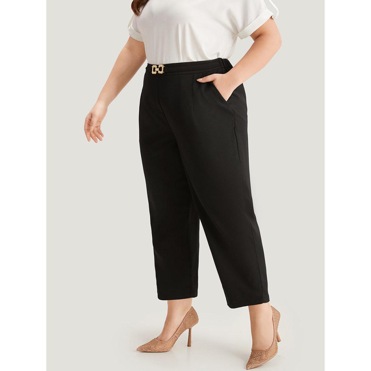 Plus Size Solid Metal Detail High Rise Straight Leg Pants Women Black Office Bodycon High Rise Work Pants BloomChic 18-20/2X Product Image