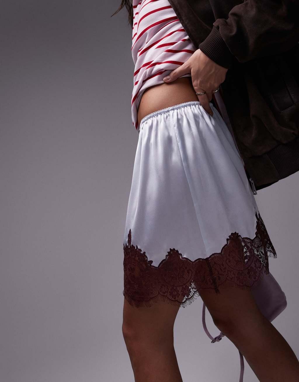 Topshop satin lace petticoat in silver blue with burgundy lace Product Image