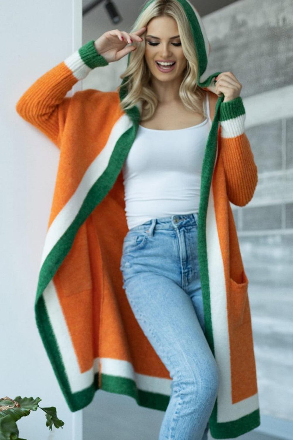 Pocketed Contrast Long Sleeve Hooded Cardigan Product Image