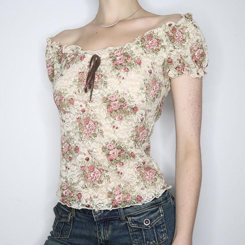 Short Sleeve Off-Shoulder Floral Print Lace Slim-Fit Crop Top Product Image