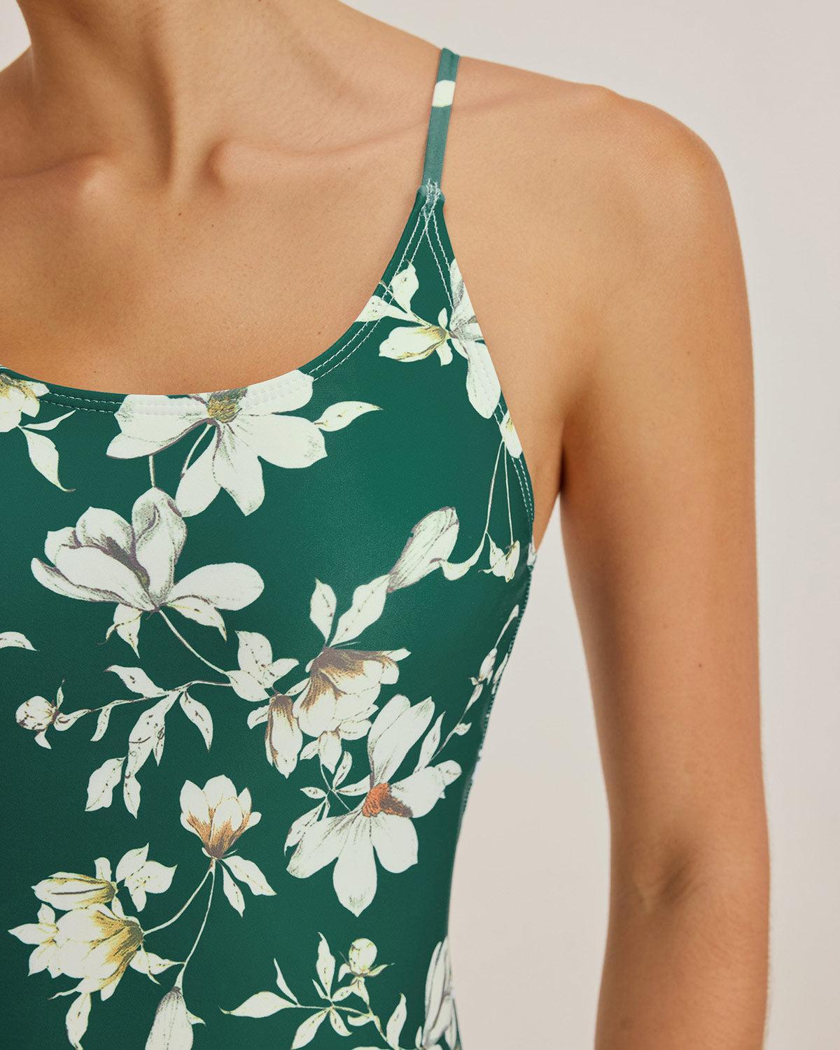 Green Floral Backless One-Piece Swimsuit Product Image