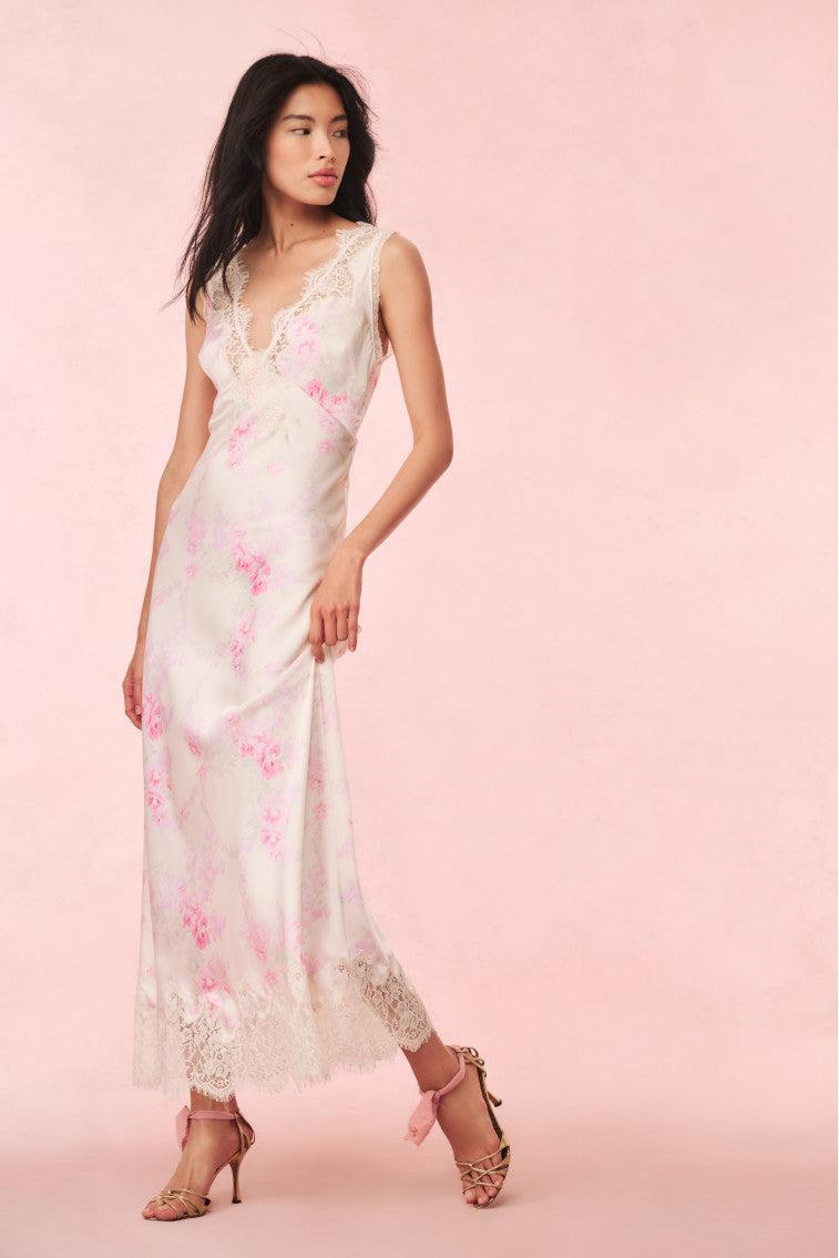 Serene Satin Lace-Trimmed Maxi Dress Product Image