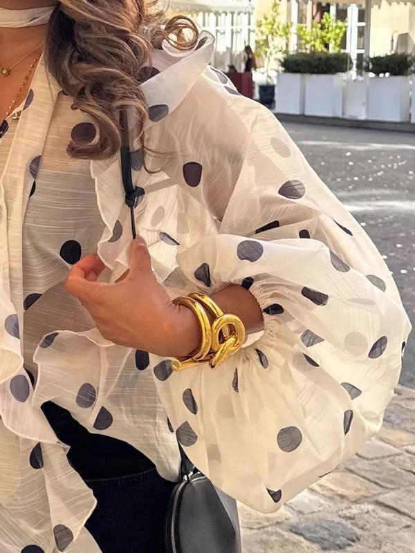 Long Sleeves Loose Buttoned Elasticity Polka-Dot Ruffle Trim See-Through V-Neck Blouses&Shirts Tops Product Image