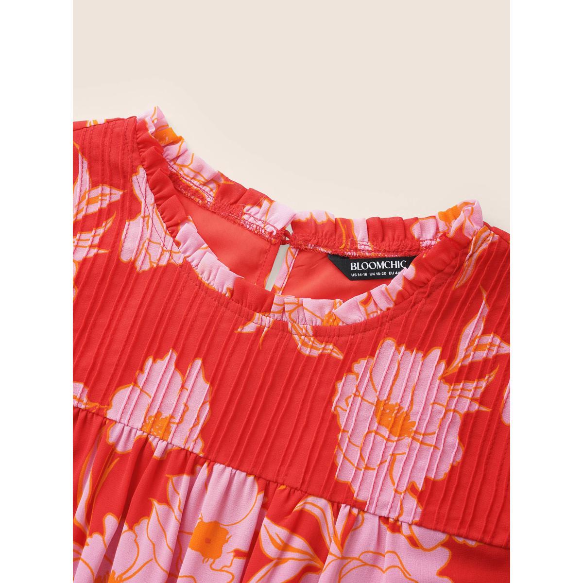 Plus Size Brightred Floral Stand Collar Pleated Tiered Ruffles Blouse Women Elegant Short sleeve Stand-up collar Everyday Blouses BloomChic 22-24/3X Product Image