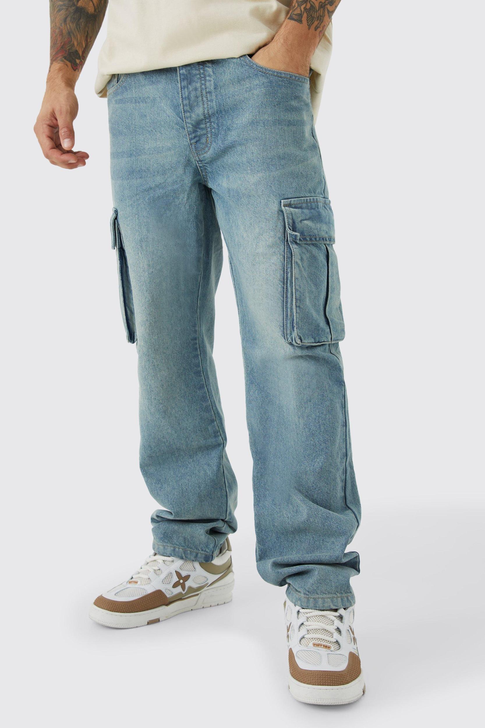 Mens Relaxed Rigid Cargo Jeans - Blue Product Image