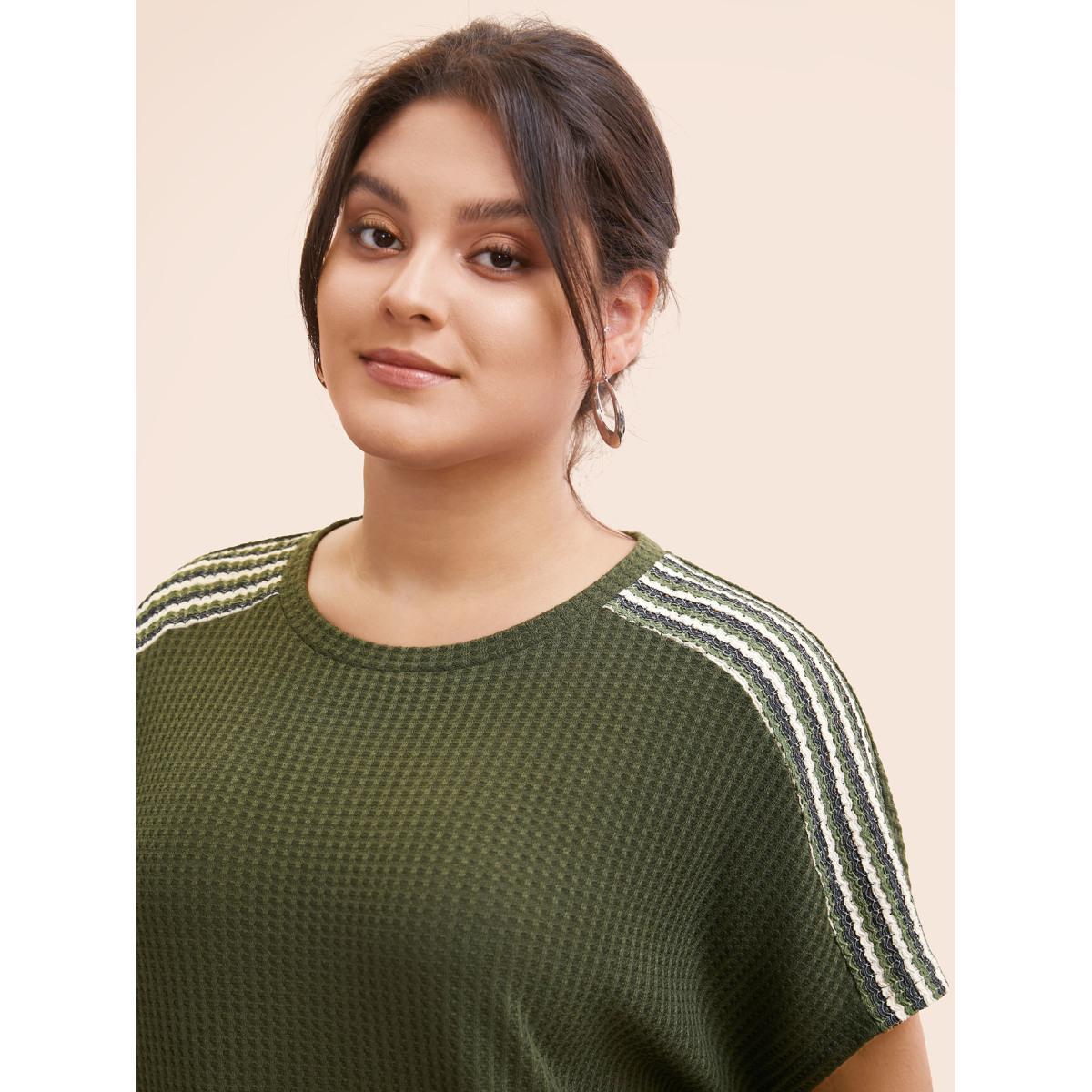 Plus Size Striped Waffle Knit Patchwork T-shirt ArmyGreen Women Casual Texture Round Neck Everyday T-shirts BloomChic 10/M Product Image