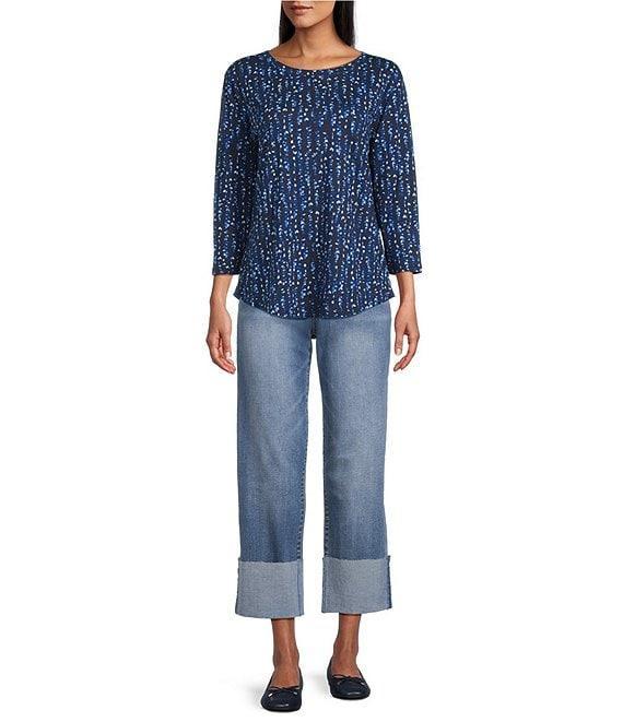 Westbound Petite Size Celestial Solar Leaves 3/4 Sleeve Crew Neck Knit Top Product Image