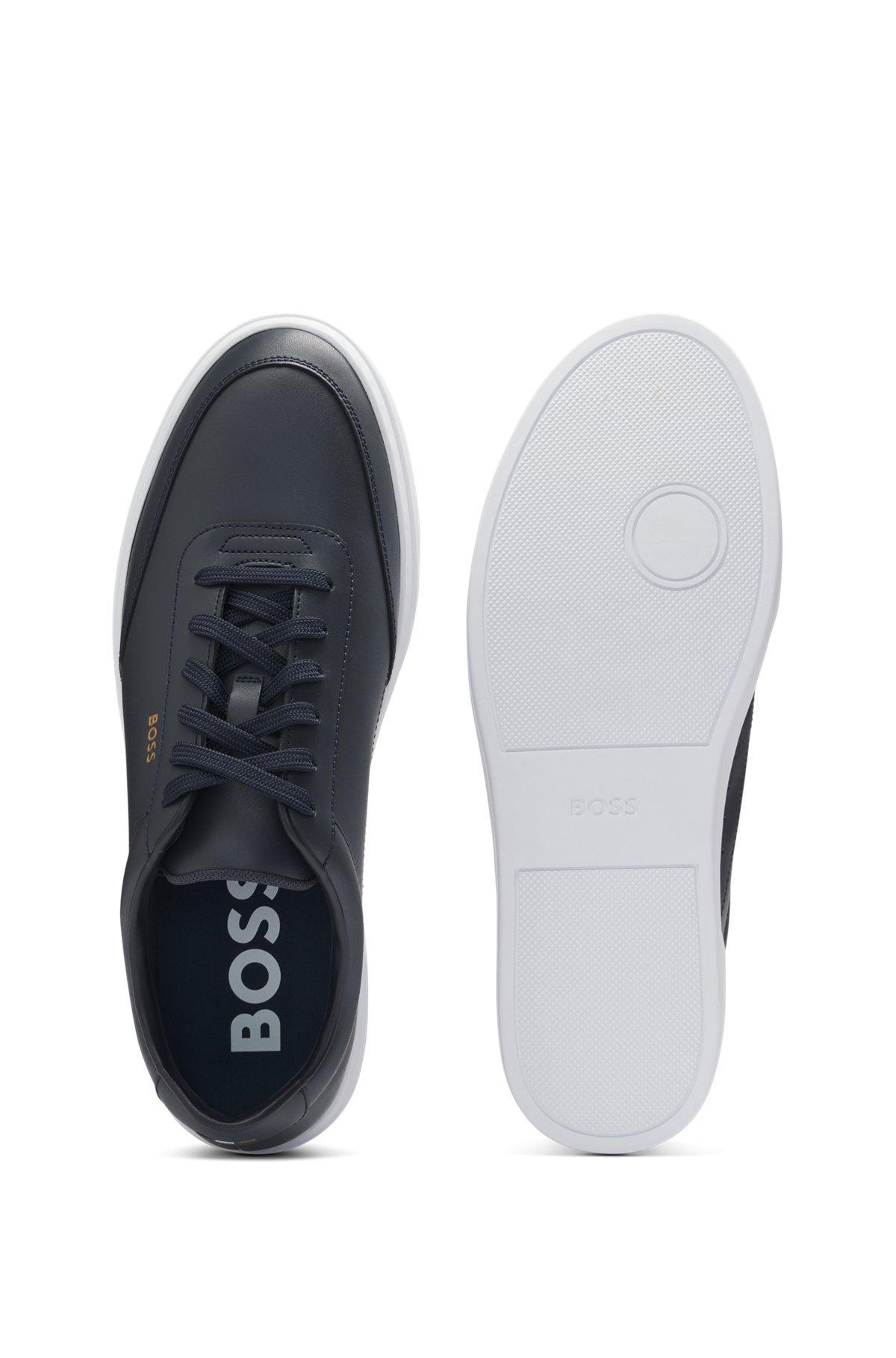 BOSS - Coated-leather trainers with gold-tone logo - Dark Blue Product Image