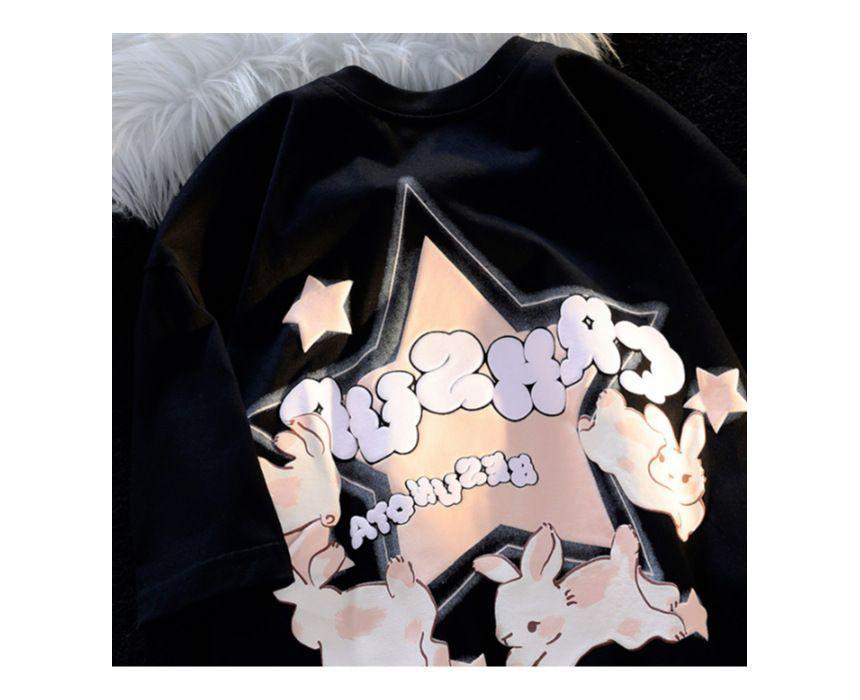 Short Sleeve Star & Rabbit Print Loose-Fit Tee Product Image