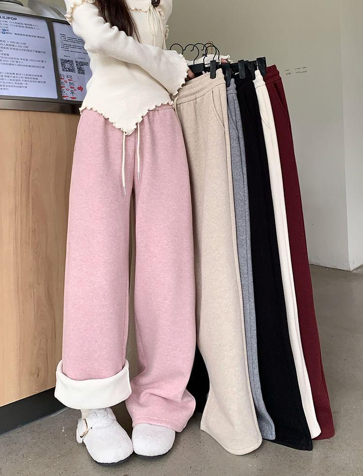 Drawstring Waist Fleece-Lined Wide Leg Pants Product Image
