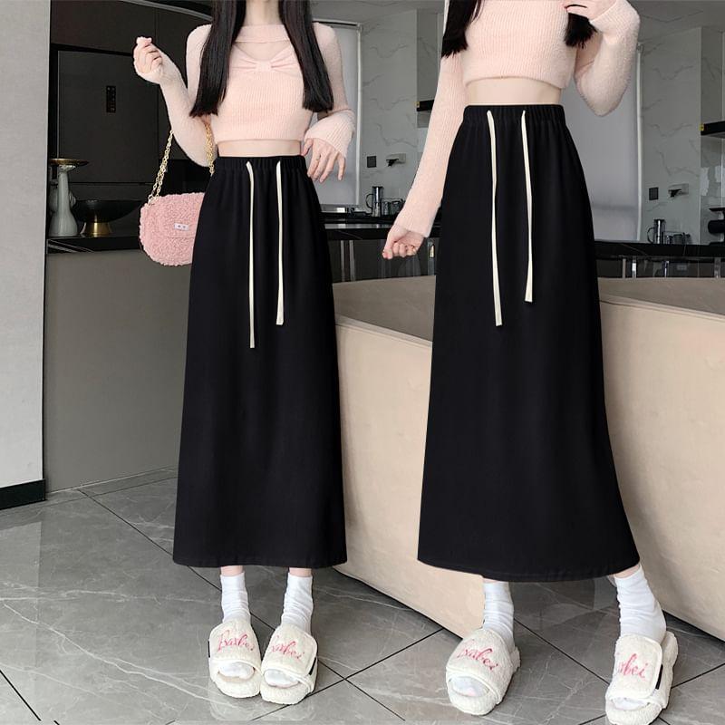 Drawstring Waist Plain Midi H-Line Skirt Product Image