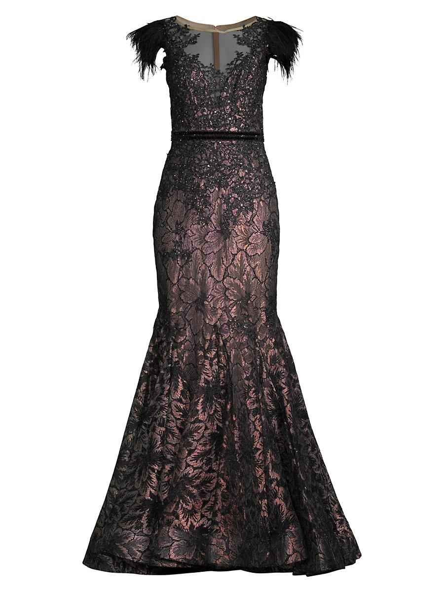 Womens Velvet Floral Applique Mermaid Gown Product Image