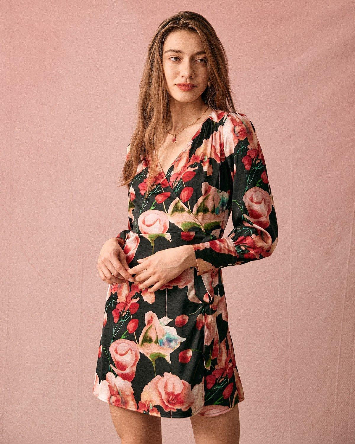 The V Neck Long Sleeve Floral Wrap Mini Dress Product Image