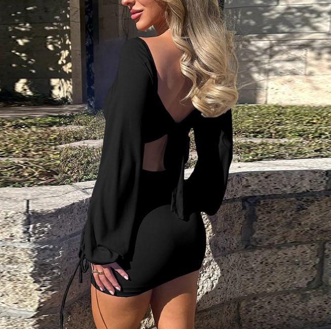 Puff Sleeve Square-Neck Plain Open-Back Slim-Fit Mini Bodycon Dress Product Image