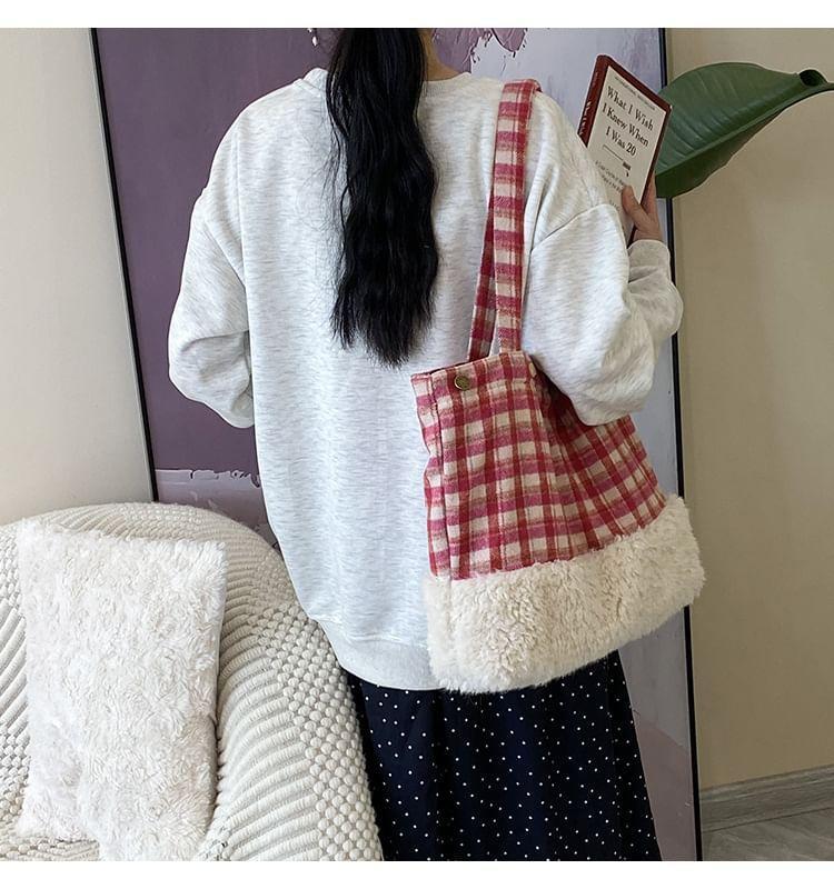 Plaid Fleece Panel Tote Bag Product Image