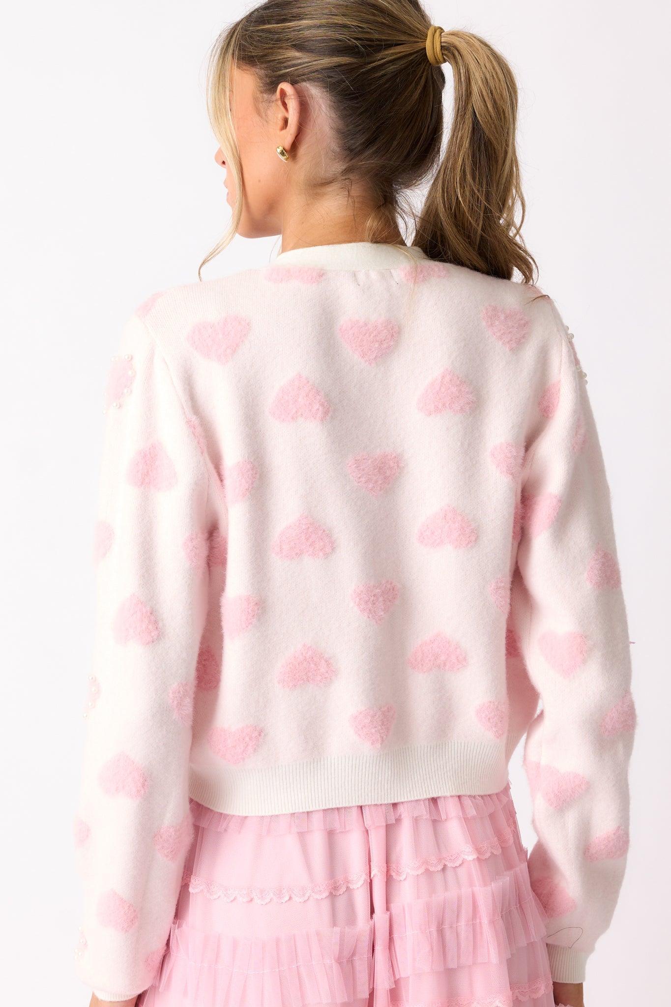 Sweetheart Stroll Light Pink & Ivory Pearl Cardigan Product Image