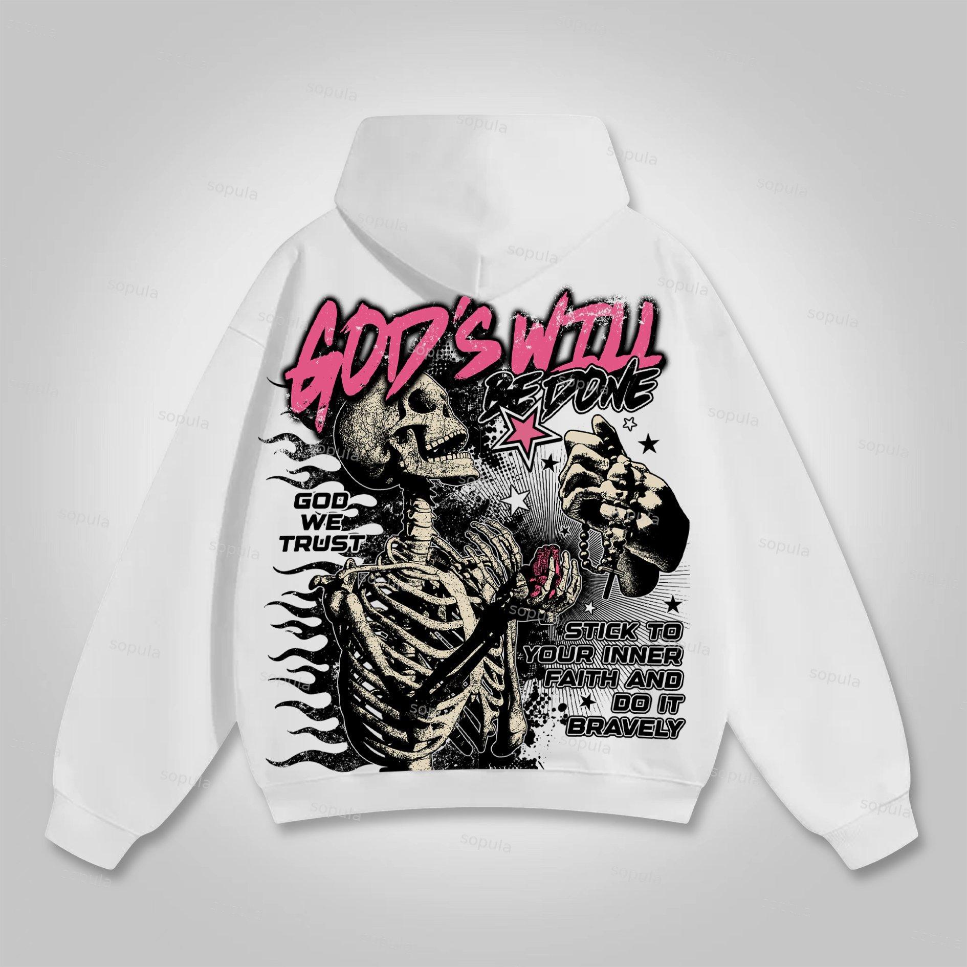 God's Will Be Done Flame Beliefs Skull Graphics Cotton Pocket Hoodie Product Image