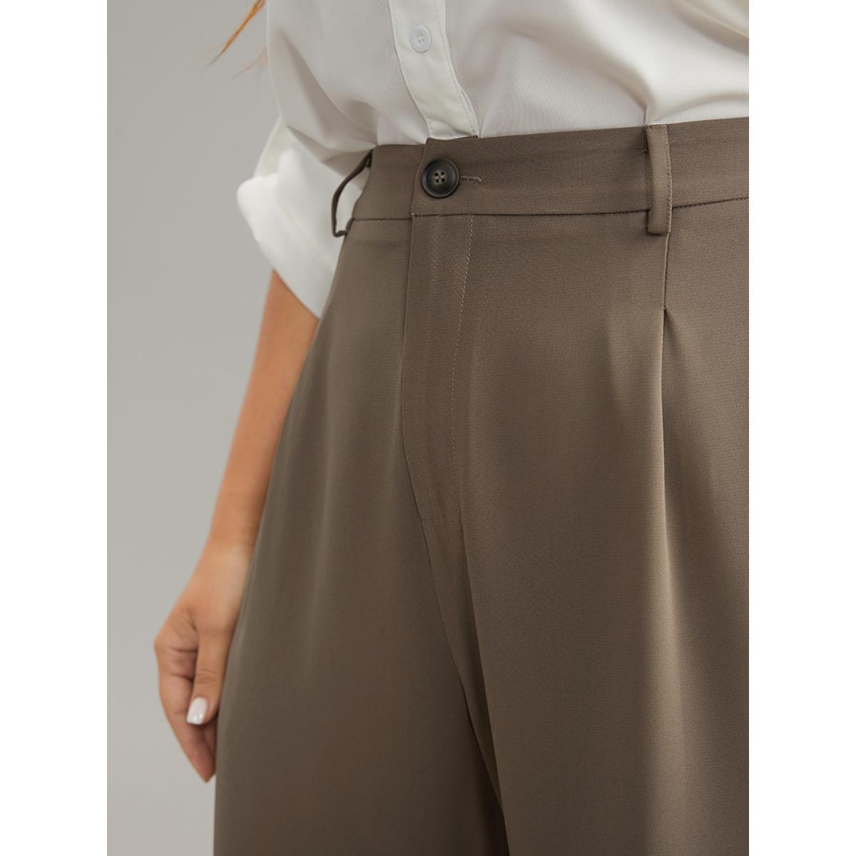 Plus Size Plain Plicated Detail Straight Leg Pants Women DarkBrown Office Wide Leg High Rise Work Pants BloomChic 12/L Product Image