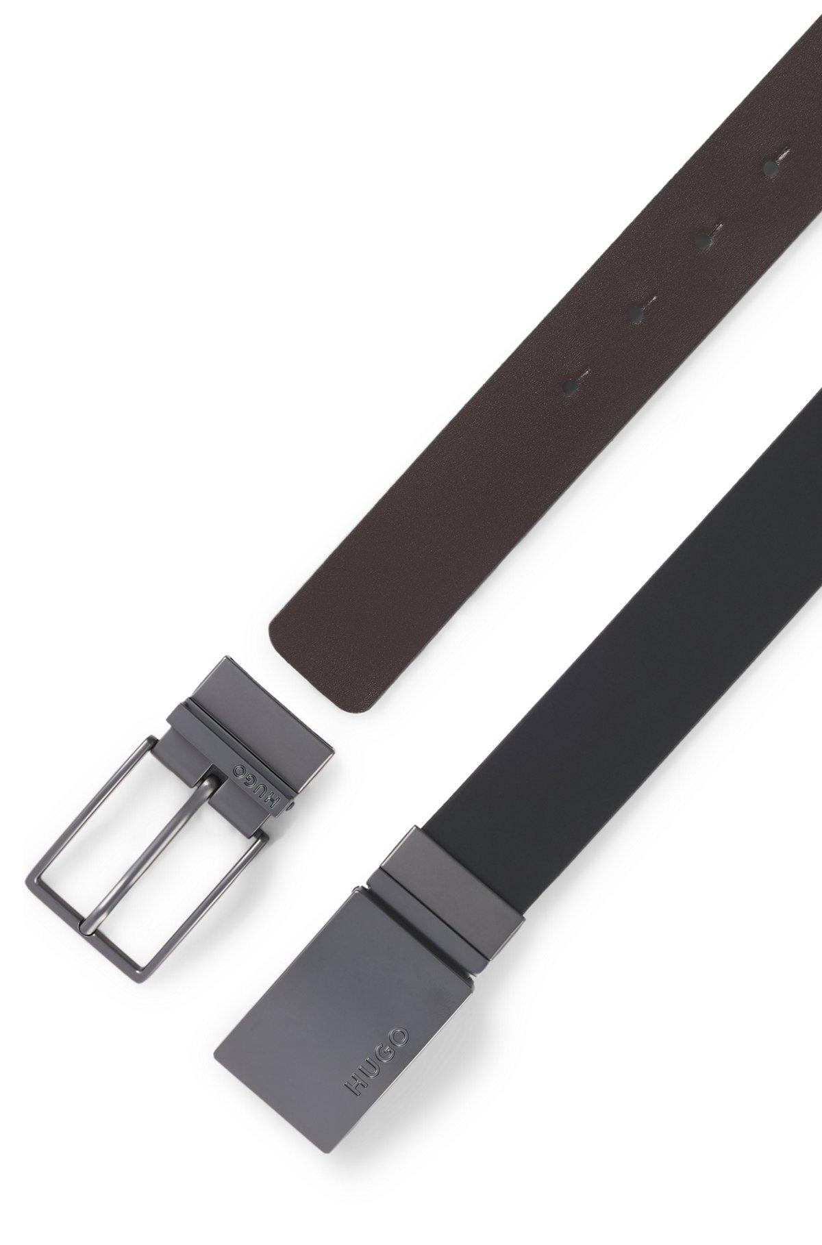 HUGO - Reversible Italian-leather belt with two buckles - Black Product Image