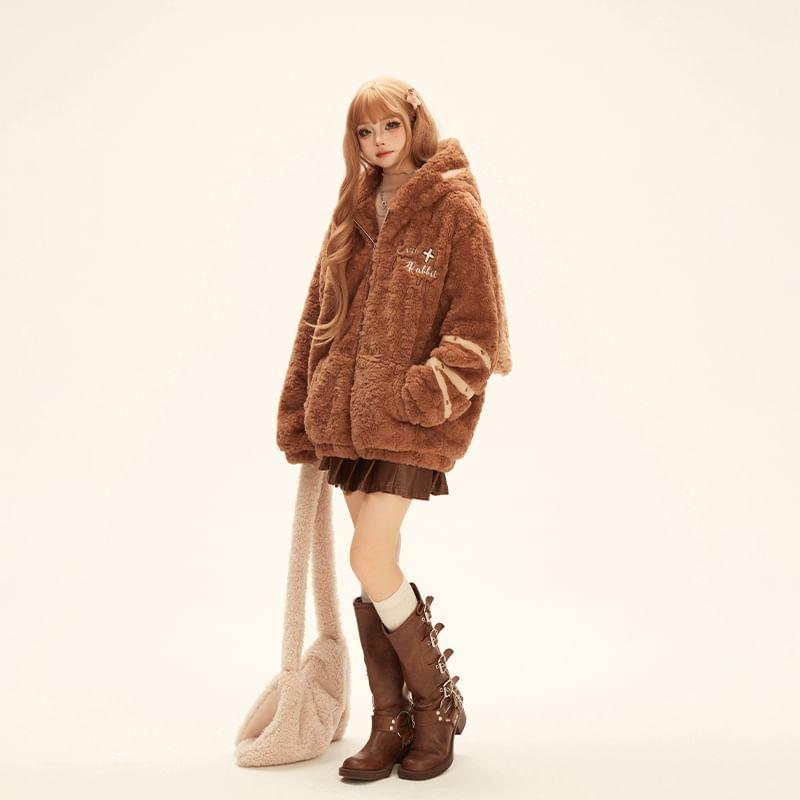 Long Sleeve Embroidered Furry Zip Up Coat With Rabbit Ears Hood Product Image
