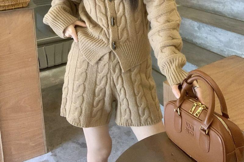Set: Plain Collared Button-Up Cable Knit Cardigan + High Waist Shorts Product Image