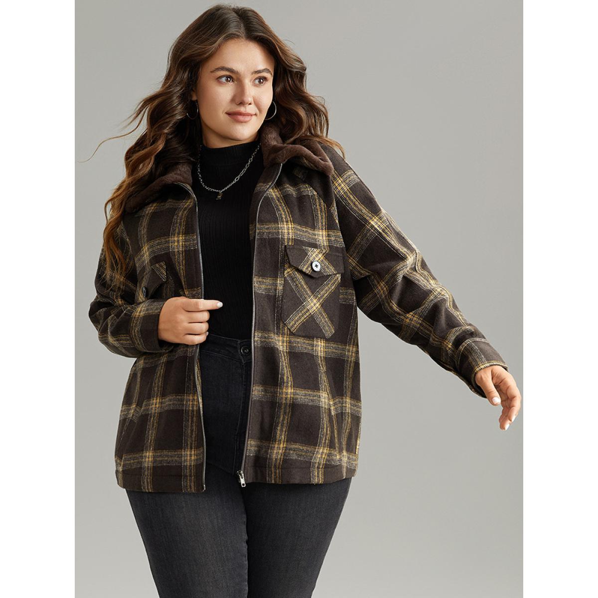 Plus Size Plaid Patchwork Fuzzy Trim Zipper Fly Coat Women DarkBrown Casual Contrast Ladies Everyday Winter Coats BloomChic 14-16/1X Product Image