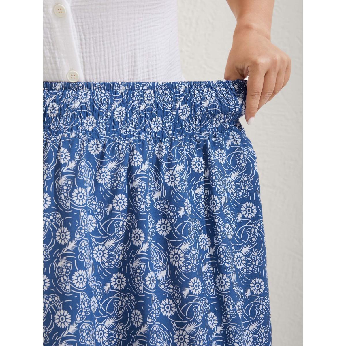 Plus Size Floral Patchwork Tiered Maxi Skirt Women Mediumblue Gathered Loose No stretch Side seam pocket Vacation Skirts BloomChic 18-20/2X Product Image