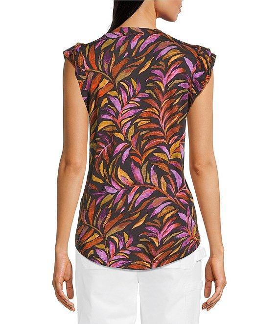 Democracy Slub Jersey Knit Leaf Print Crew Neck Ruffle Cap Sleeve Shirttail Hem Top Product Image
