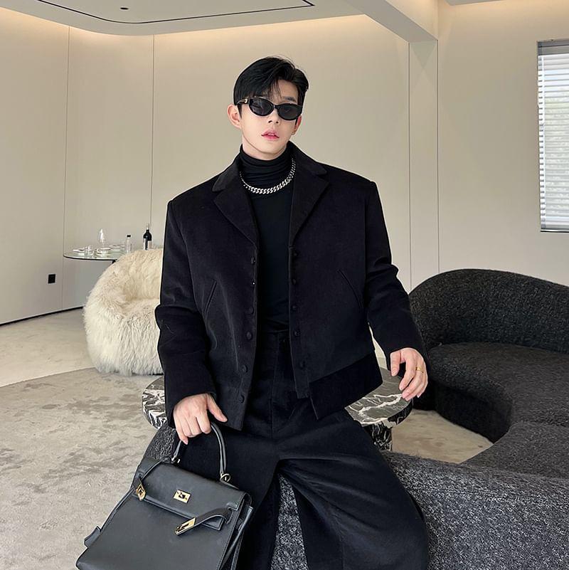 Set: Long-Sleeve Plain Blazer + High-Waist Plain Straight Leg Dress Pants Product Image