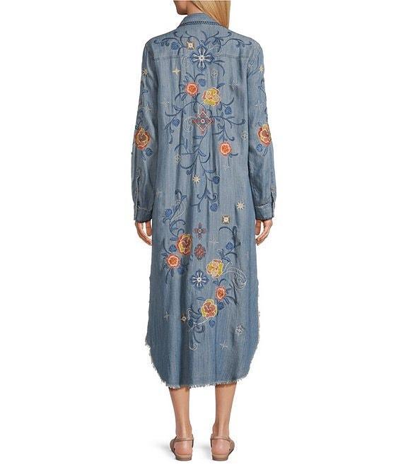 John Mark Floral Embroidered Roll Tab Sleeve Button Up Midi Dress Product Image